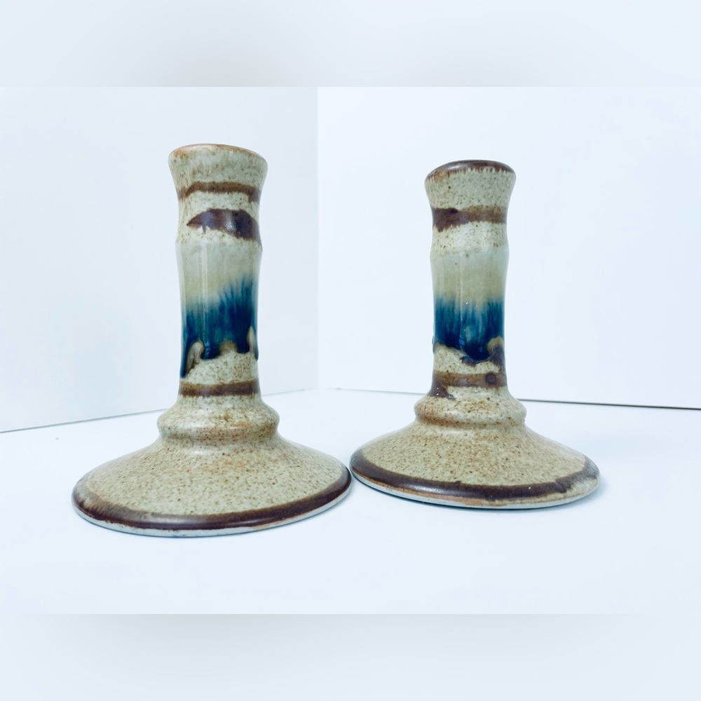 Vintage Walt Glass Signed Art Pottery Candlestick Candle Holder Blue Drip Glazed